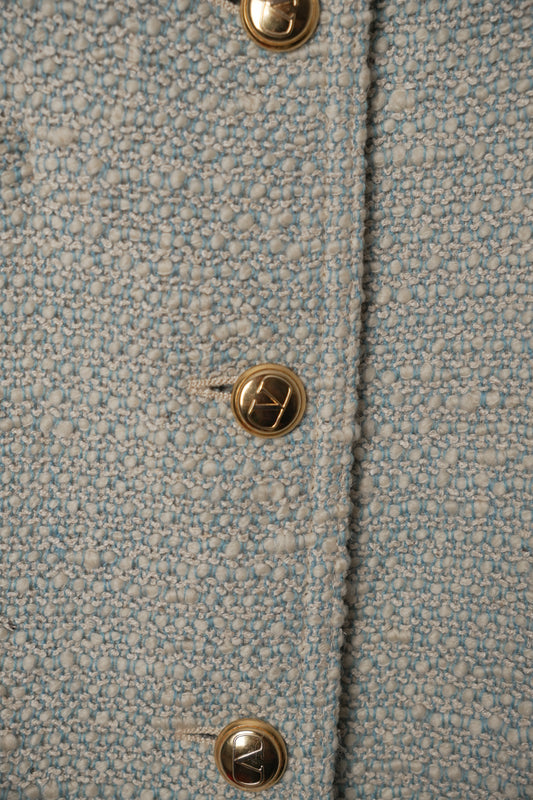 Valentino Blue White Tweed Ribbon Trim Collarless Gold Button Down Blazer