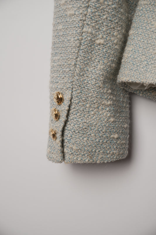 Valentino Blue White Tweed Ribbon Trim Collarless Gold Button Down Blazer