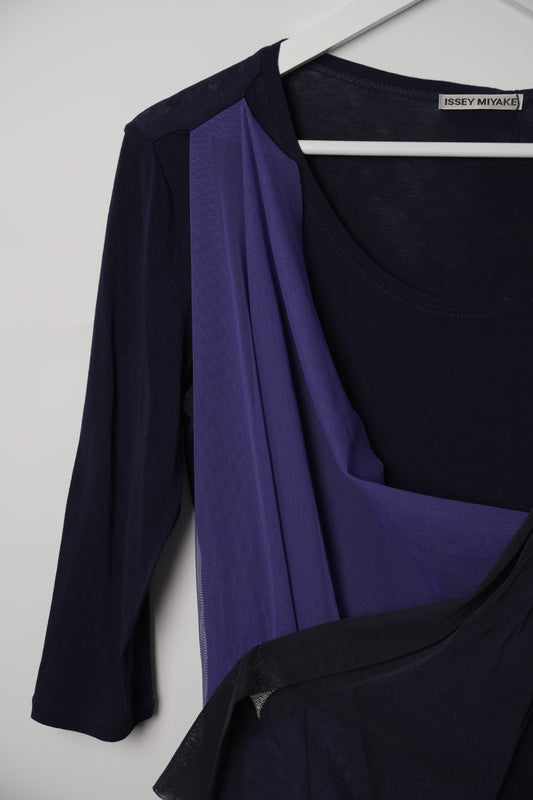 Issey Miyake 3/4 Sleeve Top with Tulle Overlay