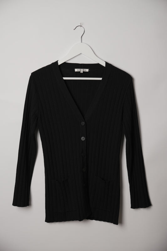 Hanae Mori Black V Neck Button Down Cardigan