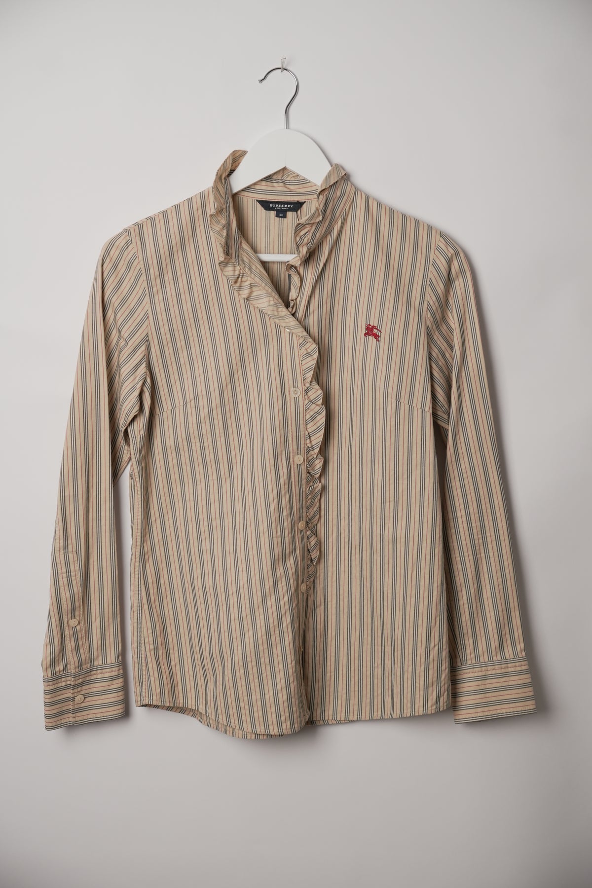 Burberry London Nova Stripe Ruffle Long Sleeve Button Down Blouse