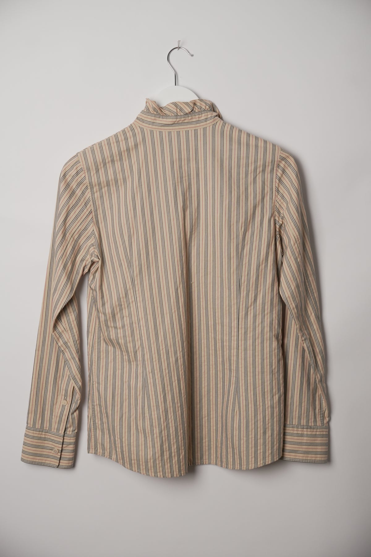 Burberry London Nova Stripe Ruffle Long Sleeve Button Down Blouse