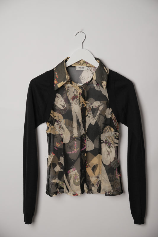 Moschino Jeans Female Figure Print Silk Shirt with Knit Cardigan Sleeves