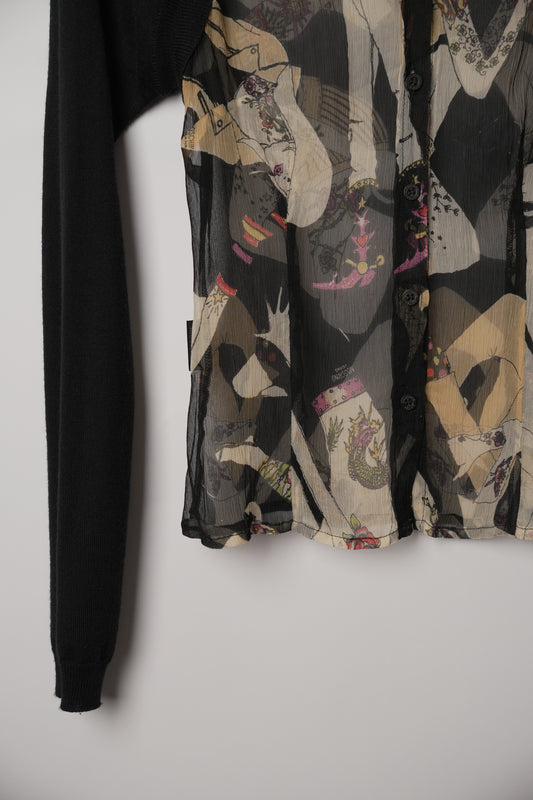 Moschino Jeans Female Figure Print Silk Shirt with Knit Cardigan Sleeves