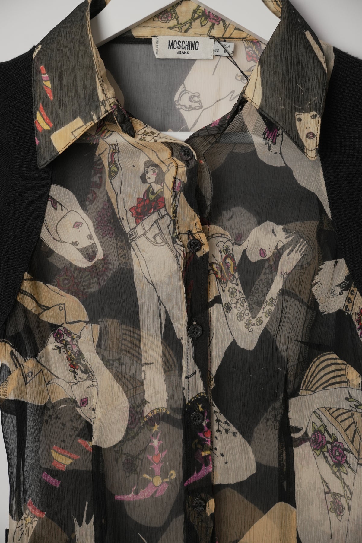 Moschino Jeans Female Figure Print Silk Shirt with Knit Cardigan Sleeves