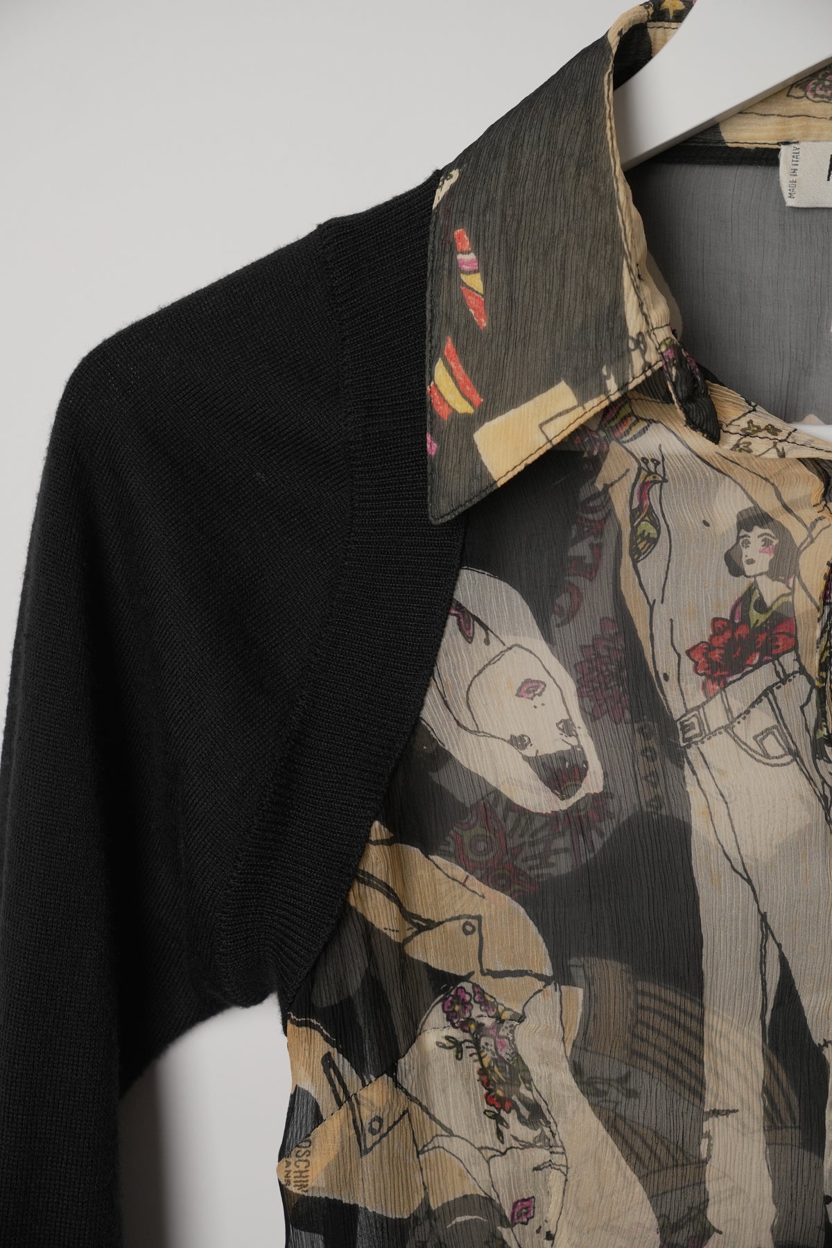 Moschino Jeans Female Figure Print Silk Shirt with Knit Cardigan Sleeves