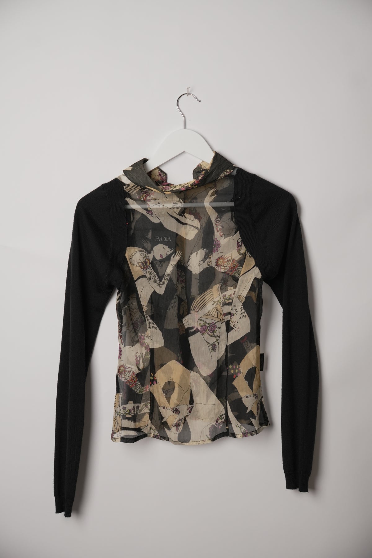 Moschino Jeans Female Figure Print Silk Shirt with Knit Cardigan Sleeves