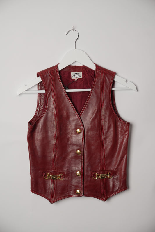 Celine Burgundy Leather Vest with Gold Buttons