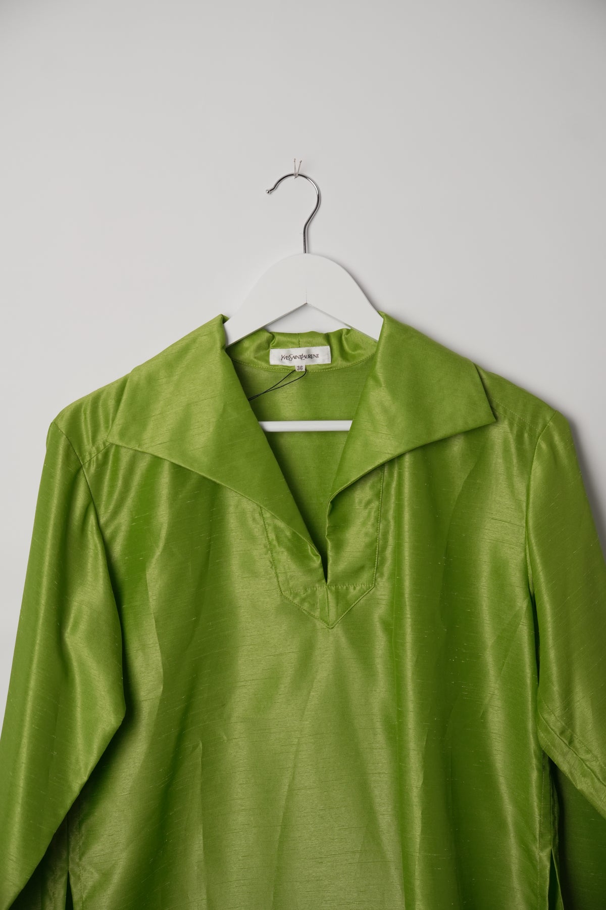 Yves Saint Laurent Avocado Green Long Sleeve Tunic Blouse with Wide Collar