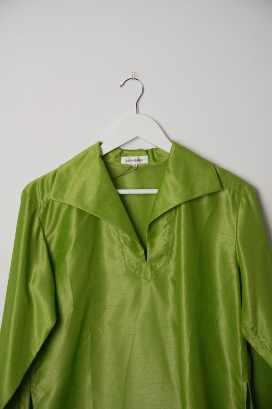 Yves Saint Laurent Avocado Green Long Sleeve Tunic Blouse with Wide Collar