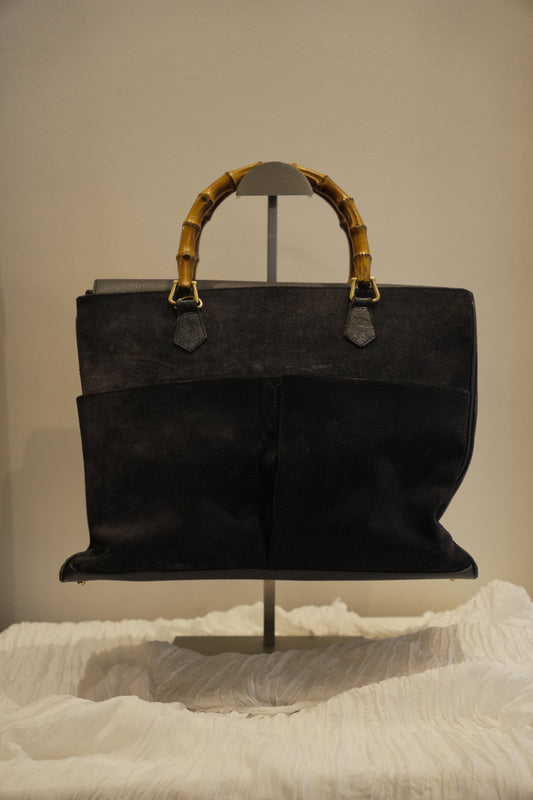 Gucci Black Suede Large Tote Handbag with Bamboo Handle