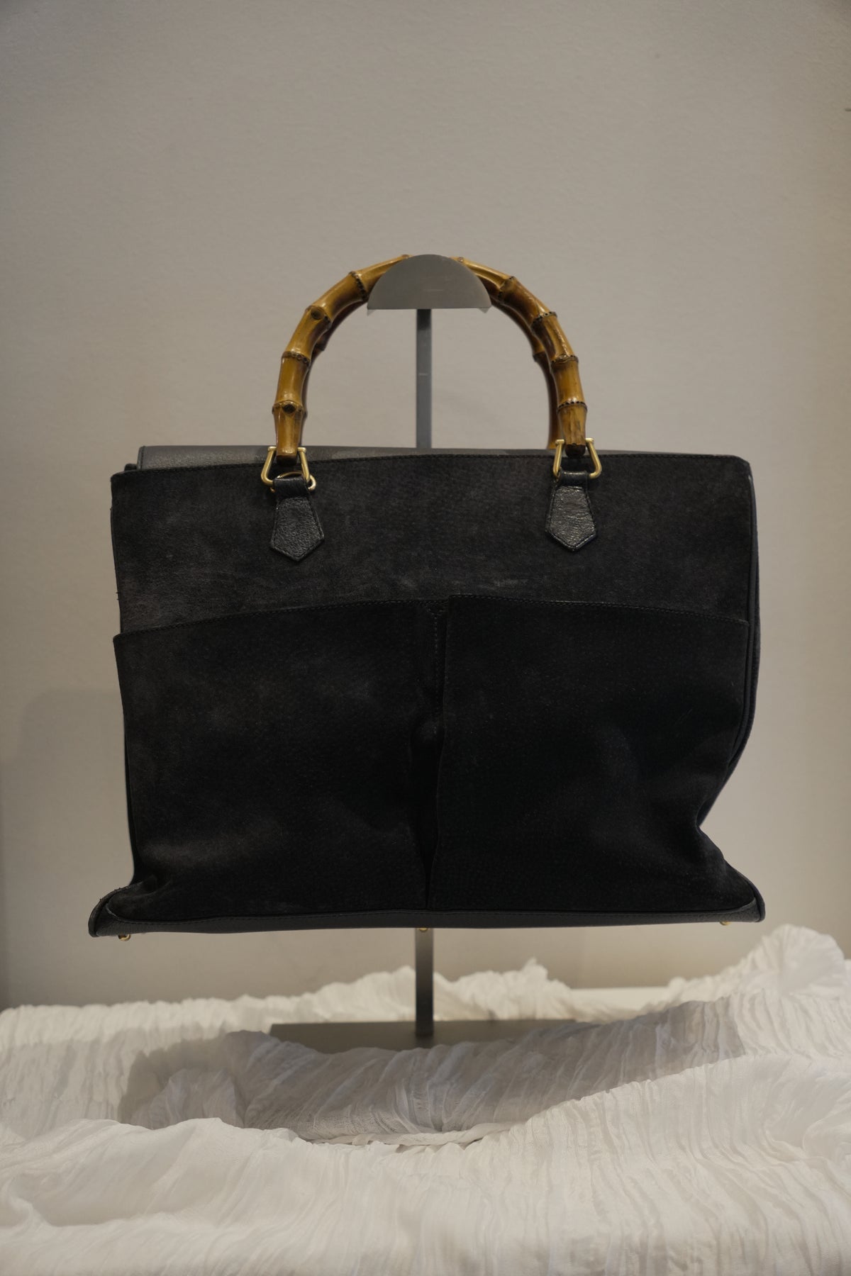 Gucci Black Suede Large Tote Handbag with Bamboo Handle