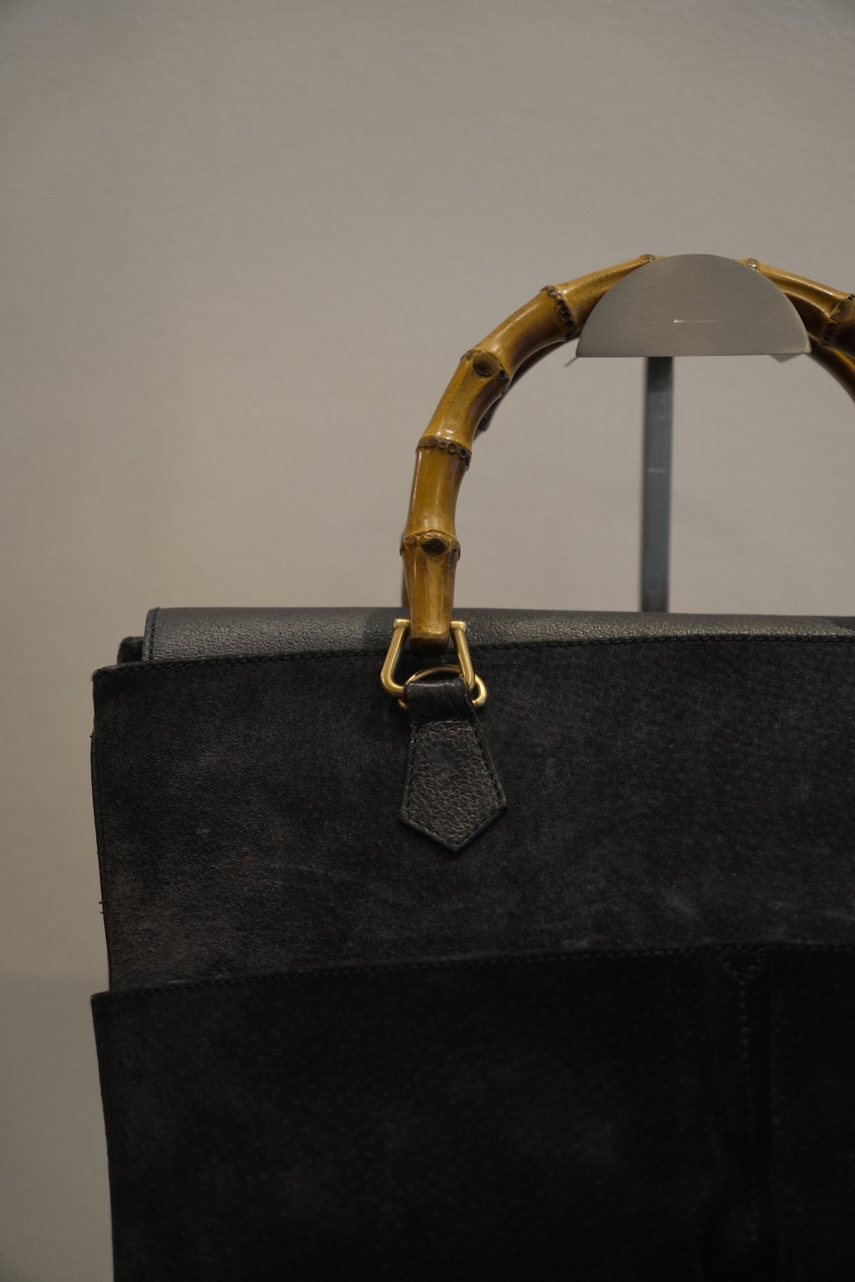 Gucci Black Suede Large Tote Handbag with Bamboo Handle