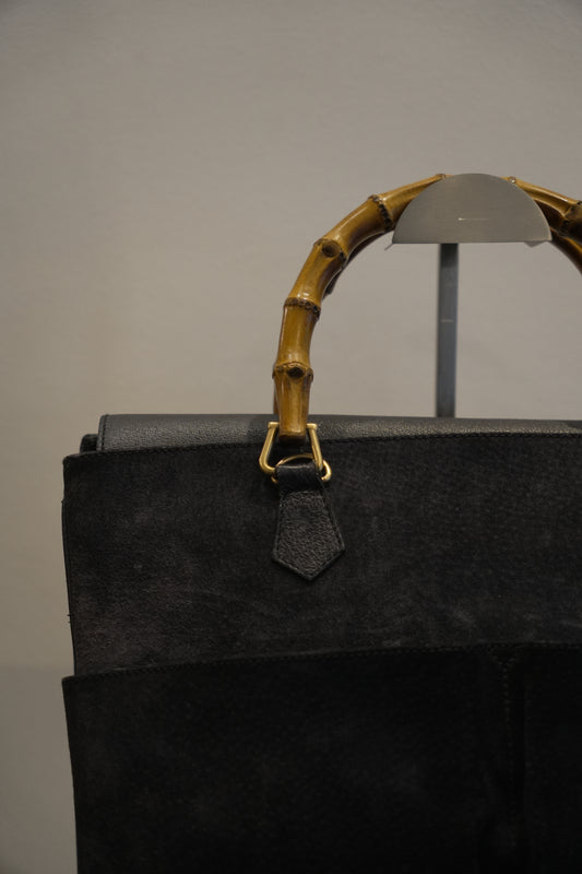 Gucci Black Suede Large Tote Handbag with Bamboo Handle