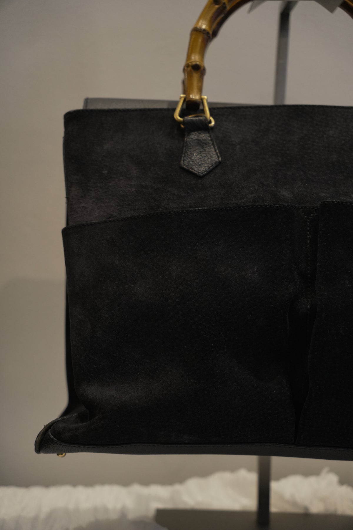 Gucci Black Suede Large Tote Handbag with Bamboo Handle