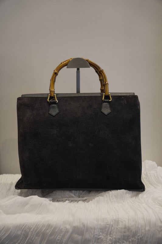 Gucci Black Suede Large Tote Handbag with Bamboo Handle