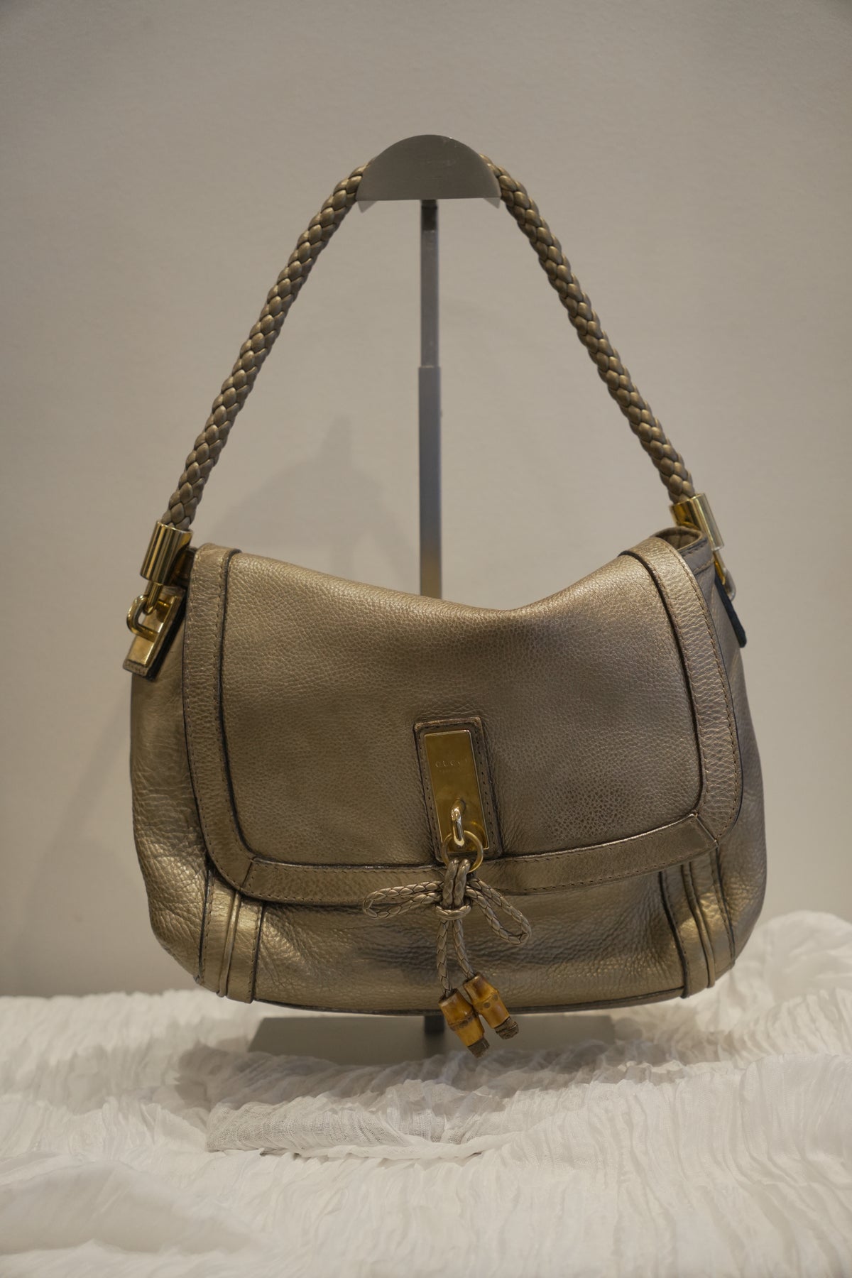 Gucci Silver Metallic Bamboo Bella 282301 Leather 2Way Handbag