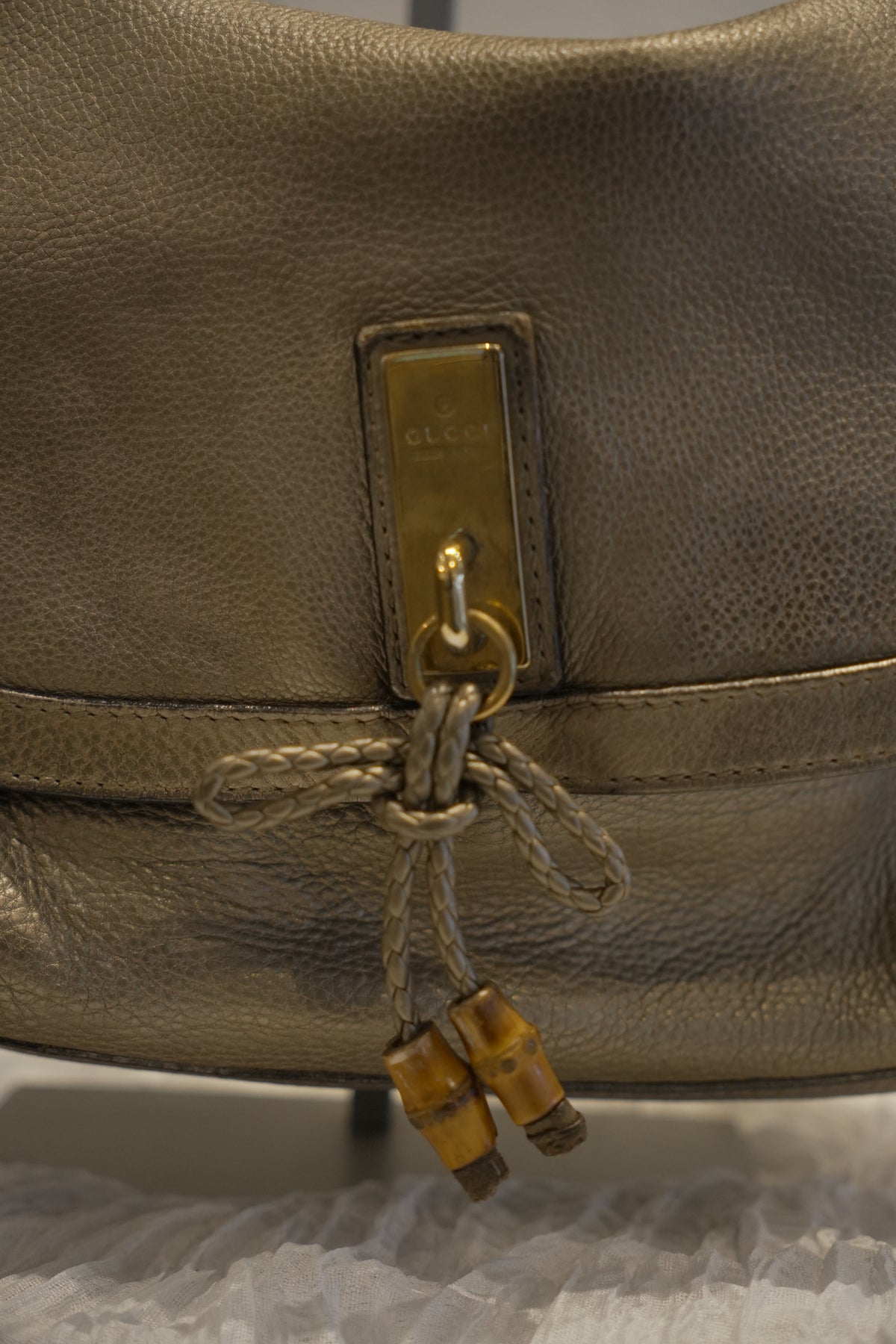 Gucci Silver Metallic Bamboo Bella 282301 Leather 2Way Handbag