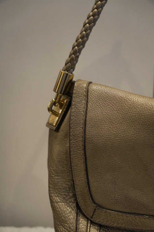 Gucci Silver Metallic Bamboo Bella 282301 Leather 2Way Handbag