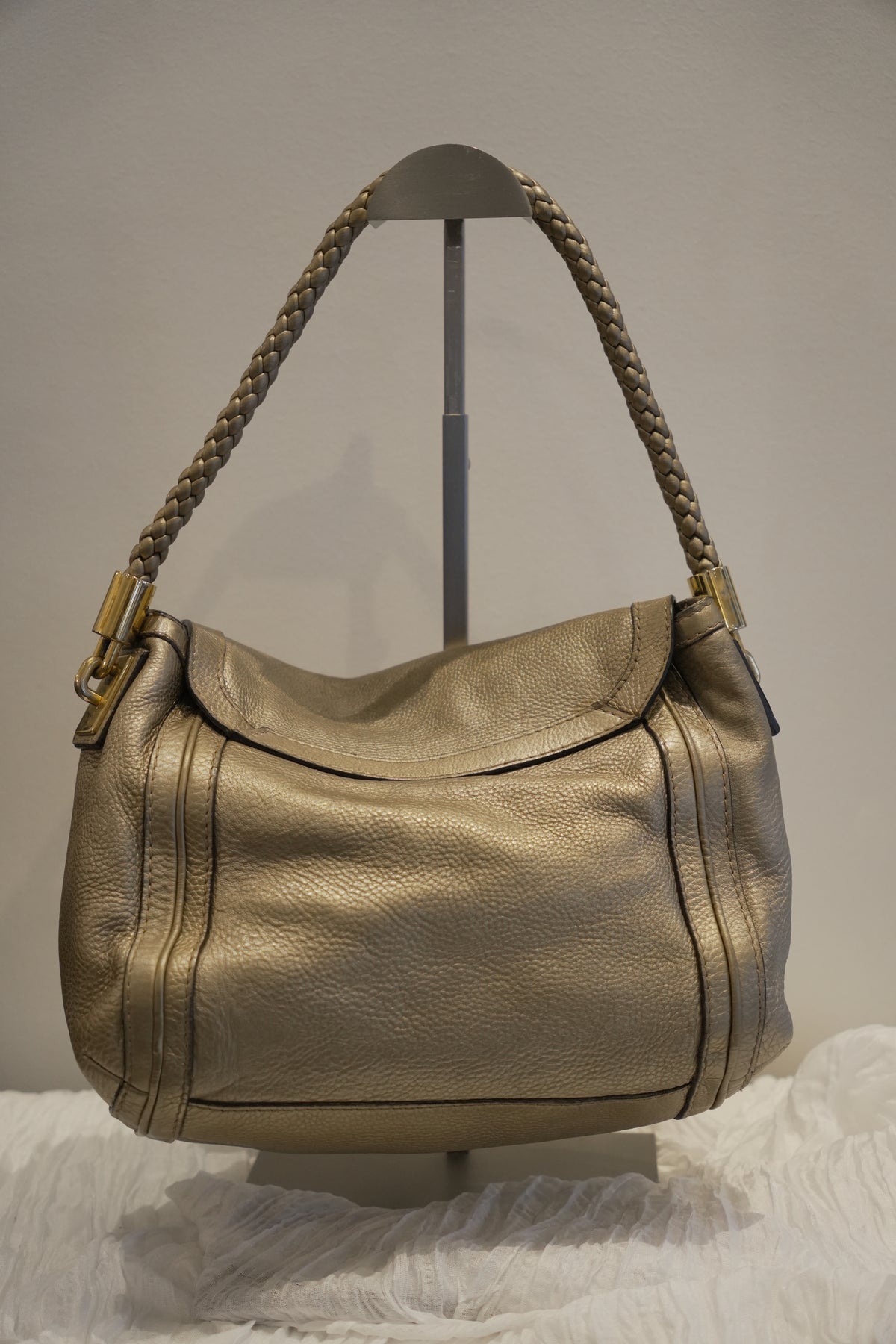 Gucci Silver Metallic Bamboo Bella 282301 Leather 2Way Handbag