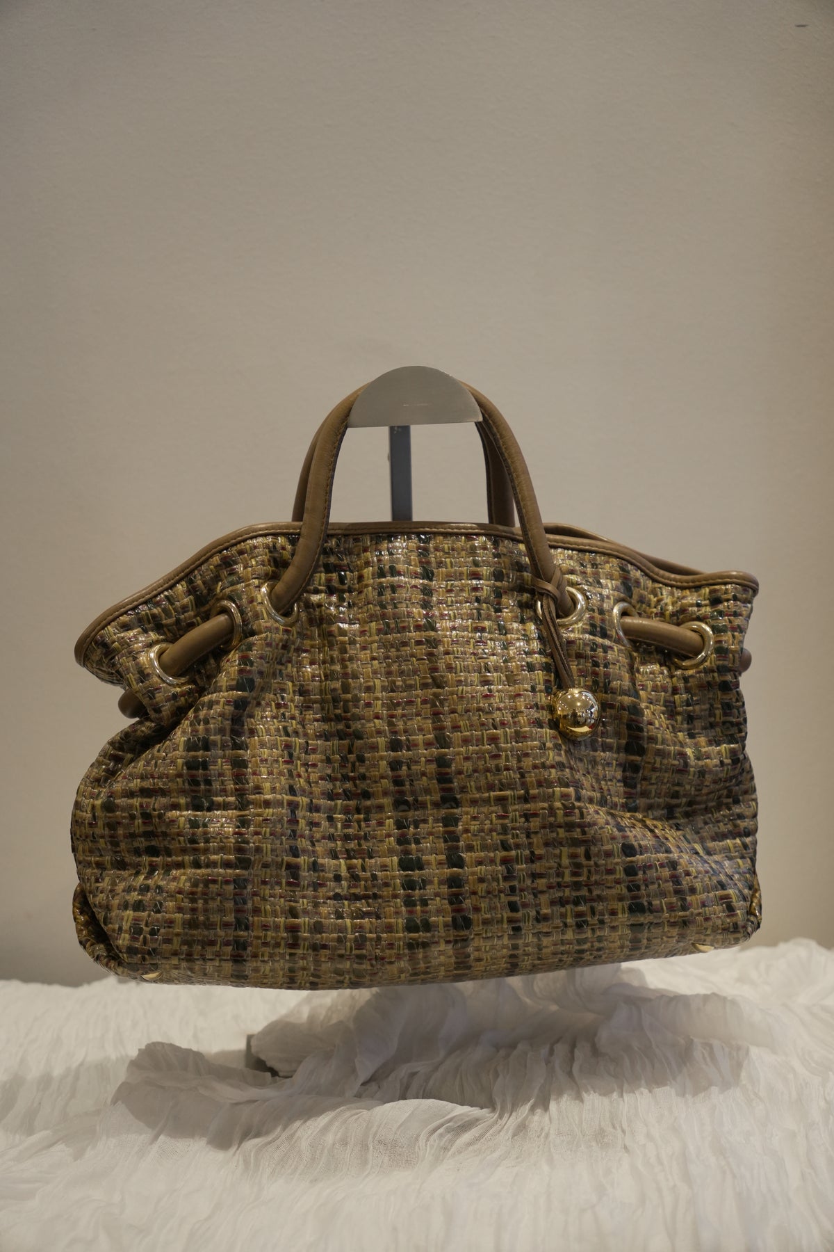 Furla Woven Tweed Leather Beige Green Handbag