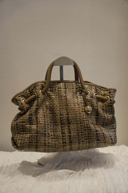 Furla Woven Tweed Leather Beige Green Handbag