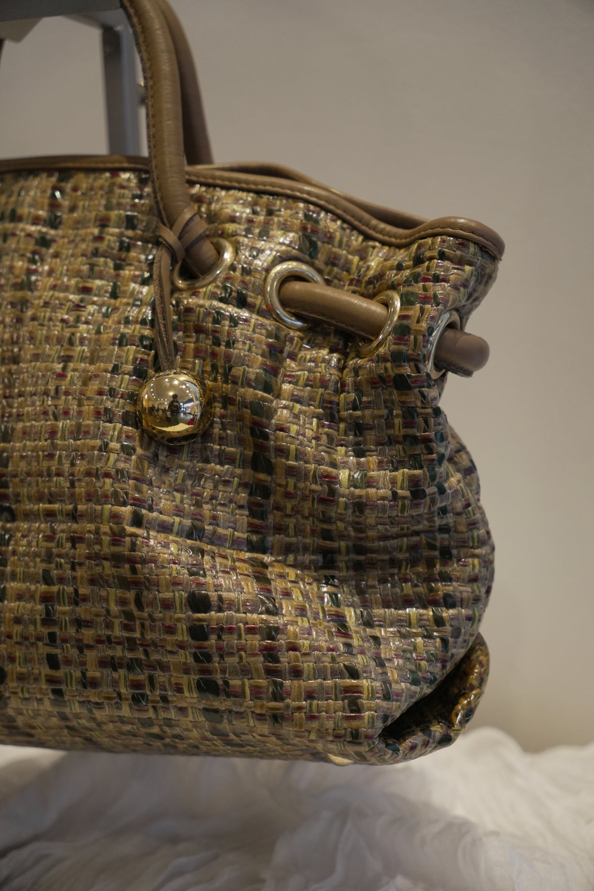 Furla Woven Tweed Leather Beige Green Handbag