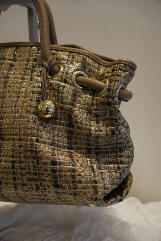 Furla Woven Tweed Leather Beige Green Handbag
