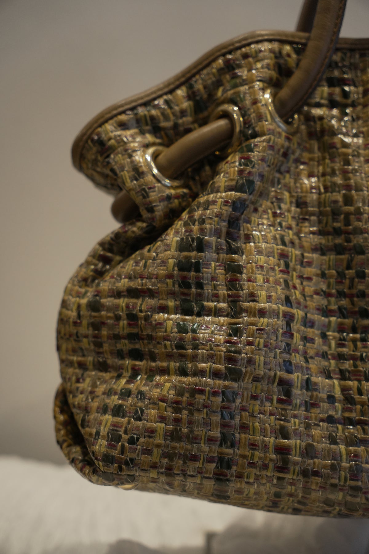 Furla Woven Tweed Leather Beige Green Handbag
