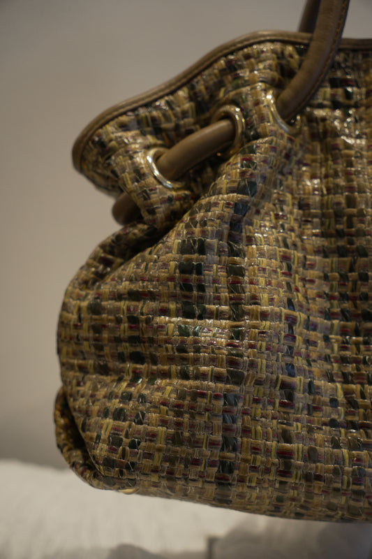 Furla Woven Tweed Leather Beige Green Handbag