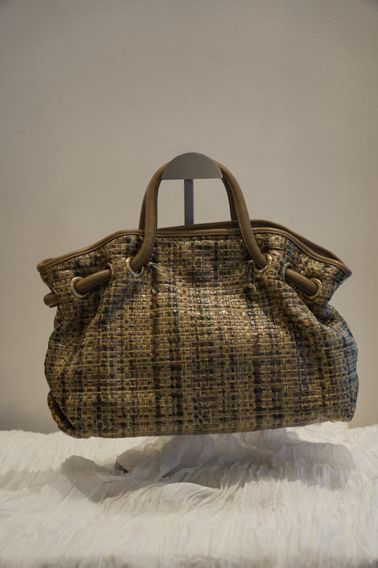 Furla Woven Tweed Leather Beige Green Handbag