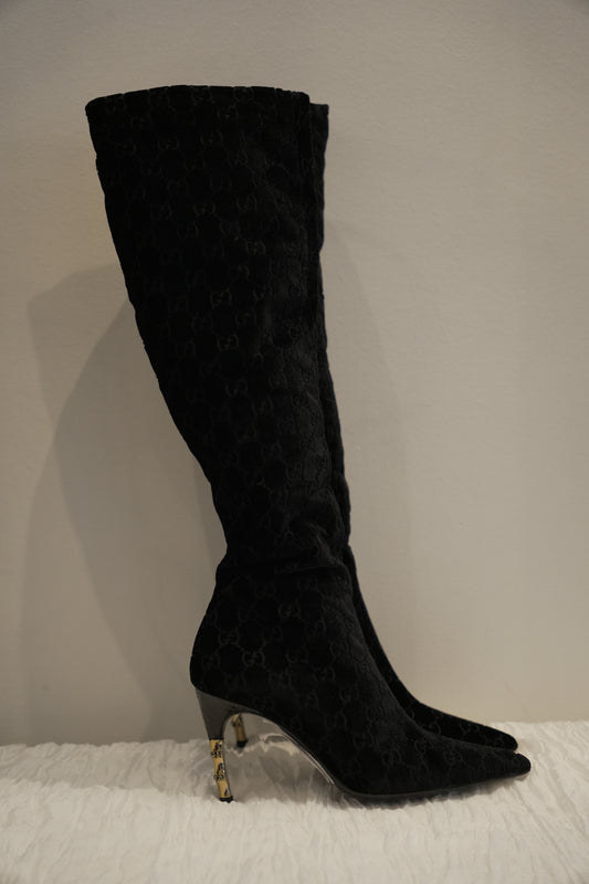 Gucci by Tom Ford Era Knee High Velour Logo Boots with Metal Bamboo Heel Sz 34.5