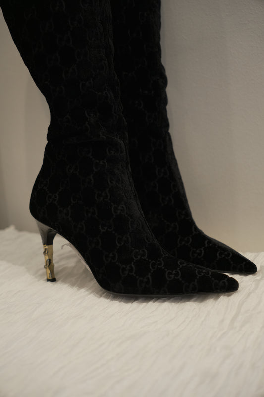 Gucci by Tom Ford Era Knee High Velour Logo Boots with Metal Bamboo Heel Sz 34.5