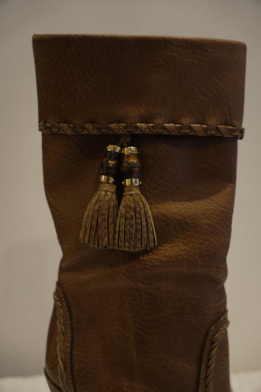 Gucci Tan Leather Boots with Bamboo Tassels Sz37