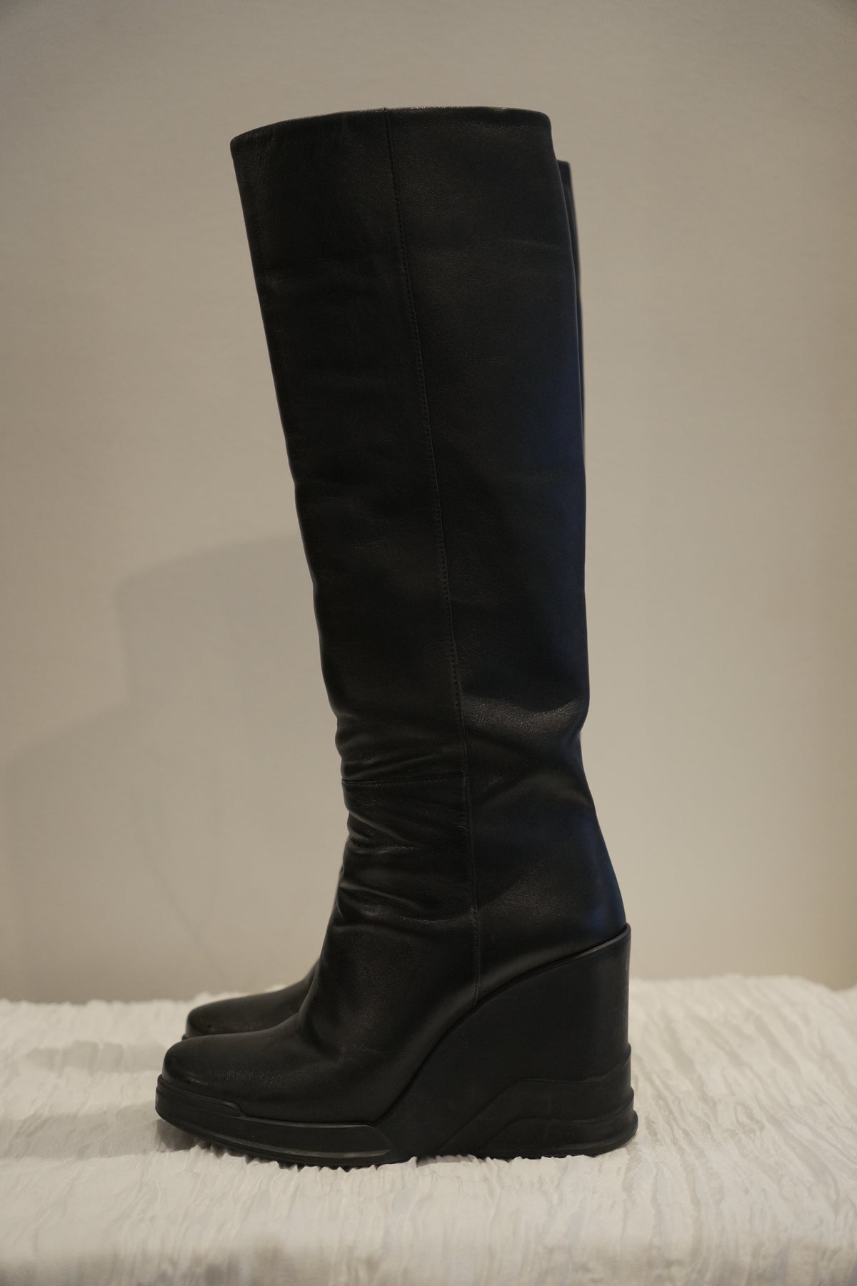 Prada Black Leather Rubber Wedge Boots Sz35 FW 2014
