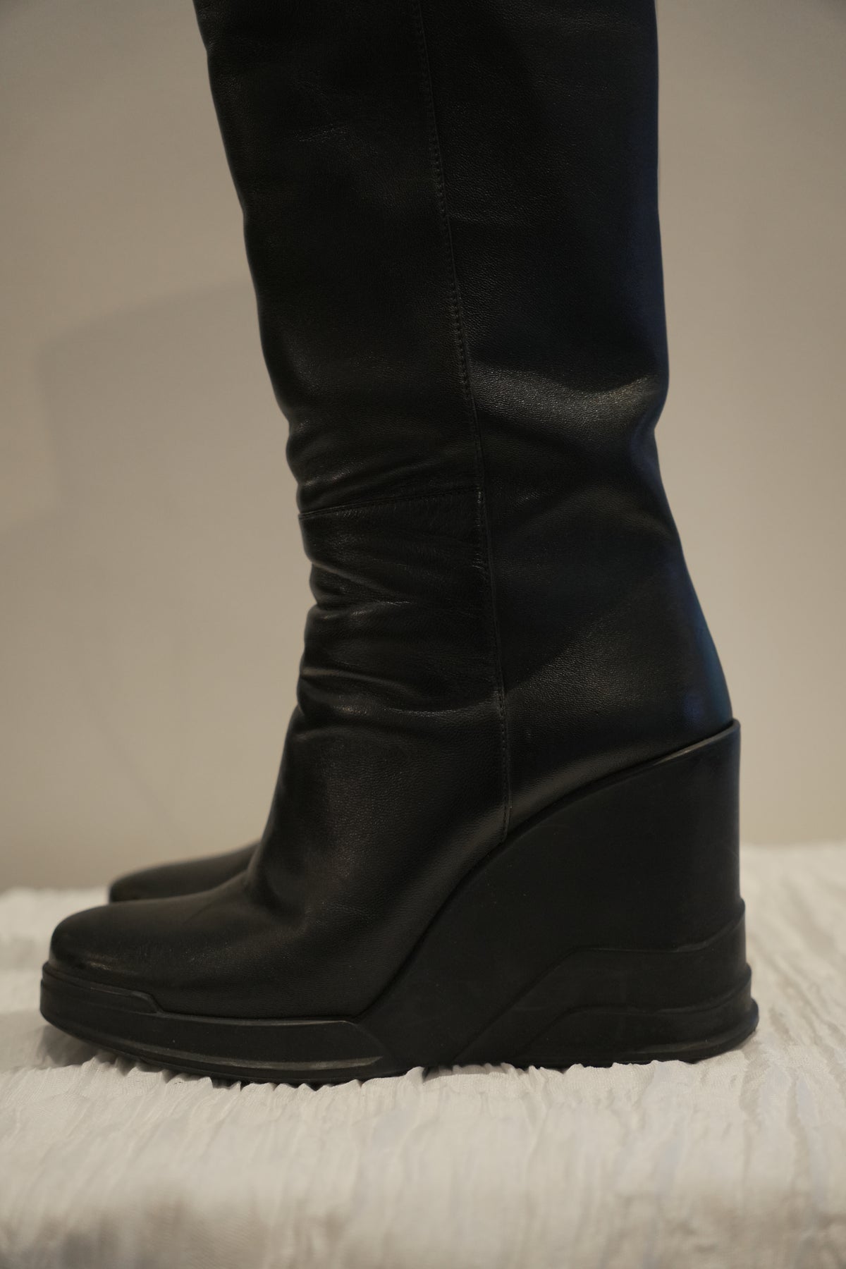 Prada Black Leather Rubber Wedge Boots Sz35 FW 2014