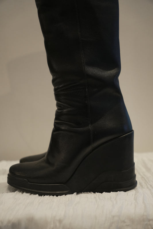Prada Black Leather Rubber Wedge Boots Sz35 FW 2014