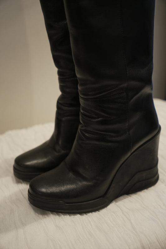 Prada Black Leather Rubber Wedge Boots Sz35 FW 2014