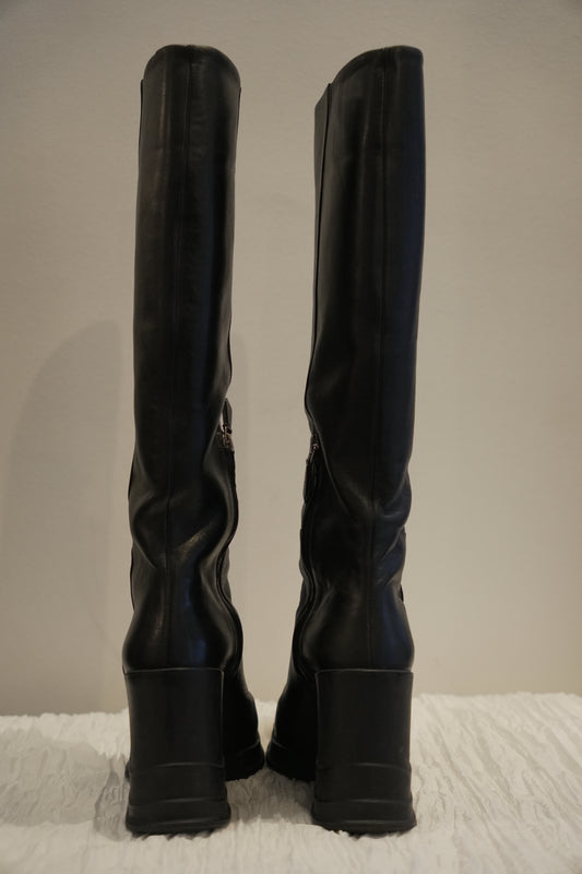 Prada Black Leather Rubber Wedge Boots Sz35 FW 2014