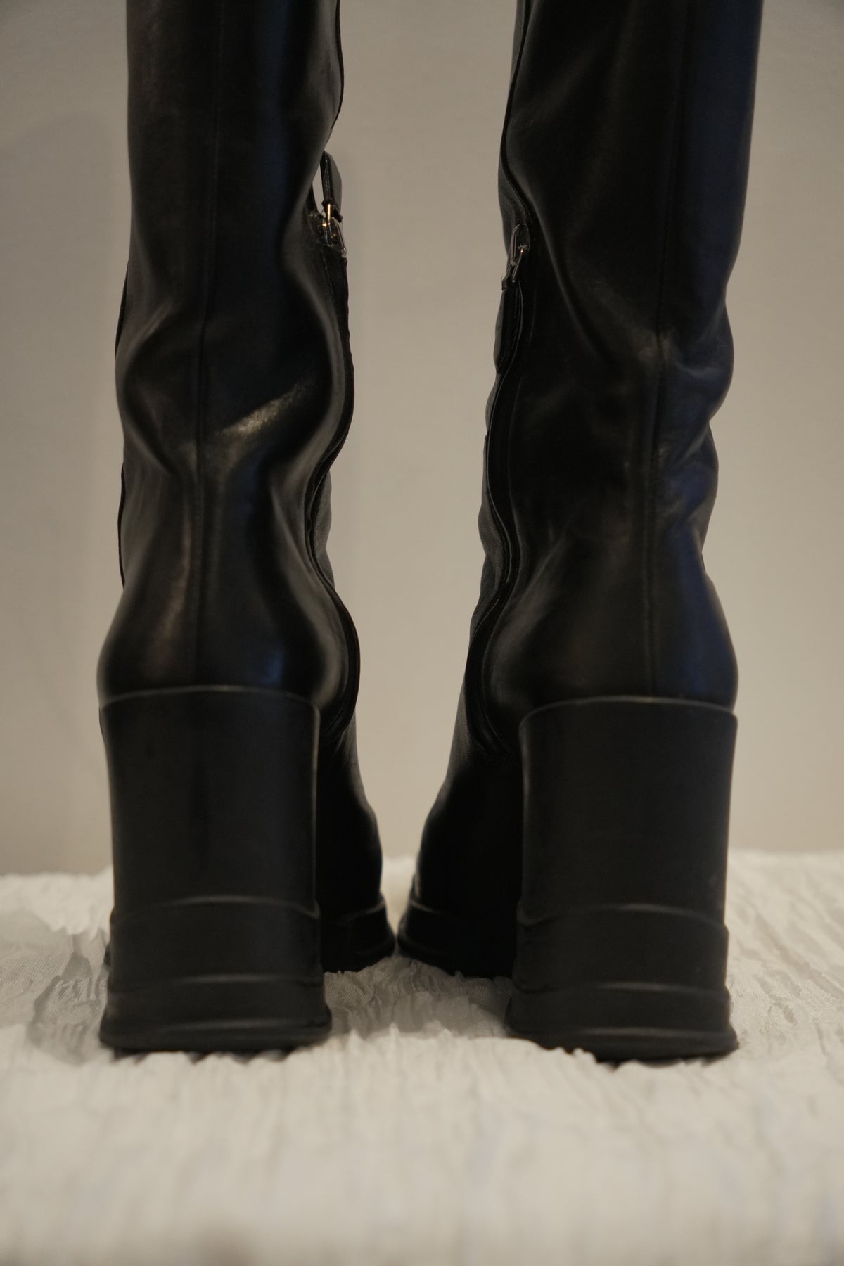 Prada Black Leather Rubber Wedge Boots Sz35 FW 2014