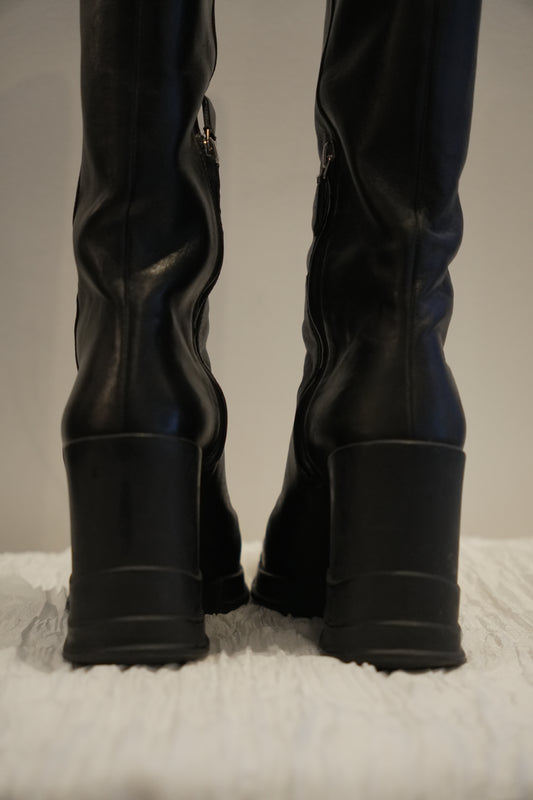 Prada Black Leather Rubber Wedge Boots Sz35 FW 2014