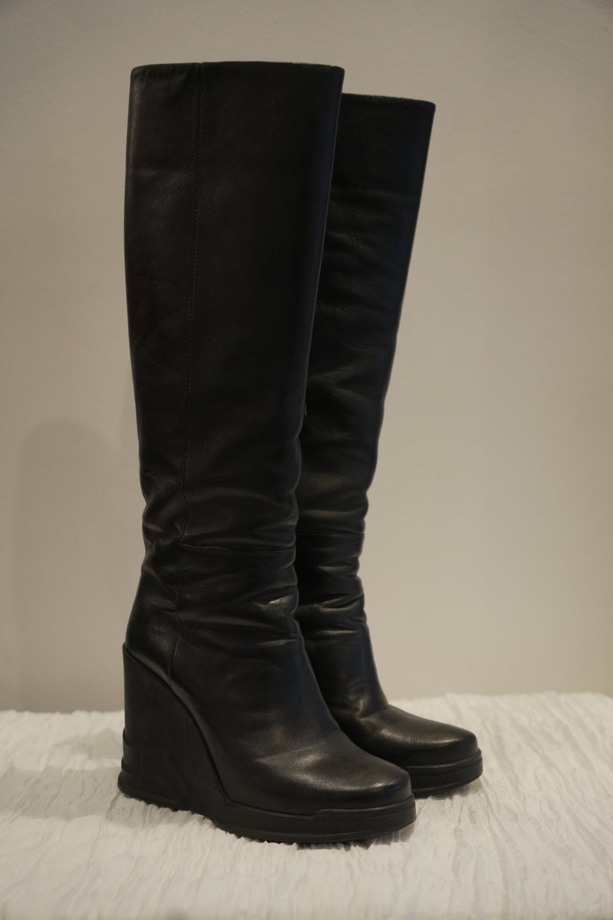 Prada Black Leather Rubber Wedge Boots Sz35 FW 2014