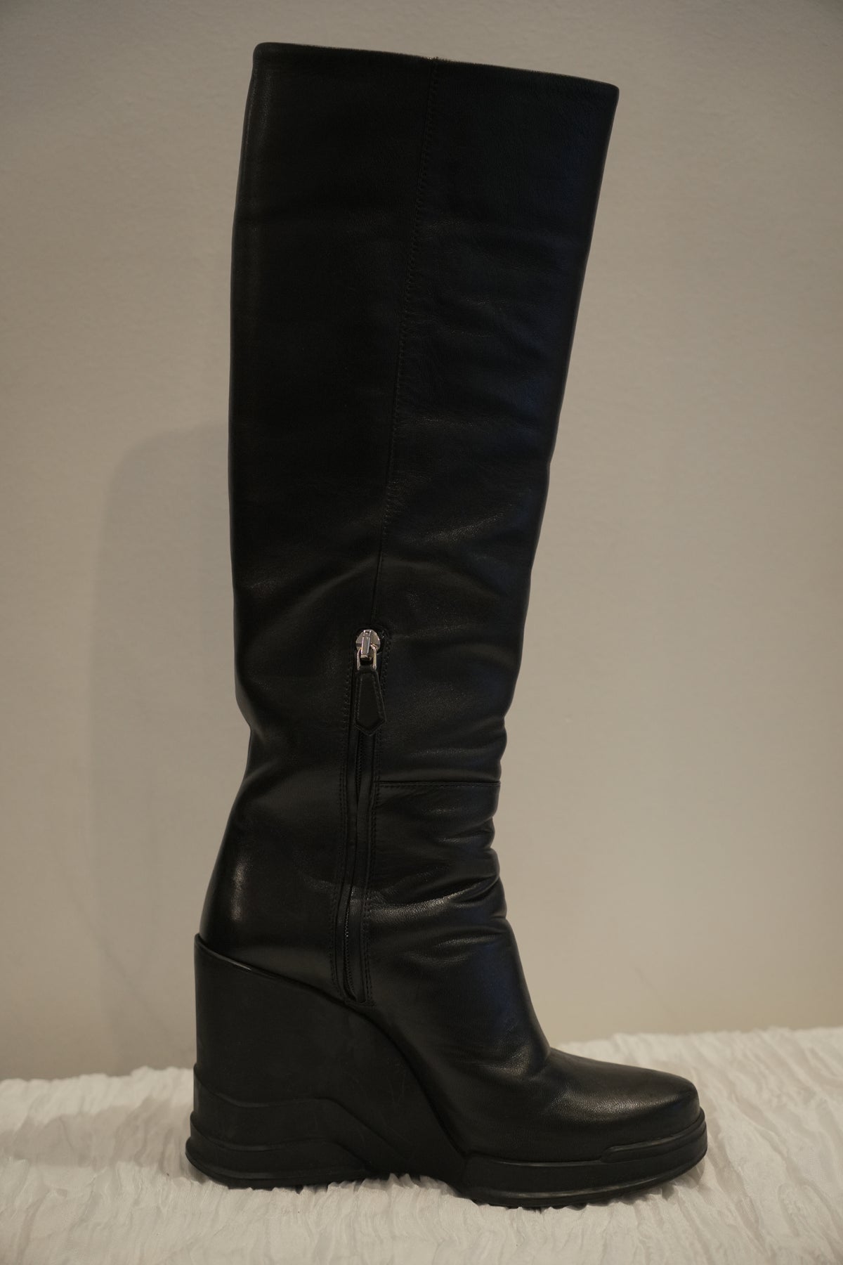 Prada Black Leather Rubber Wedge Boots Sz35 FW 2014