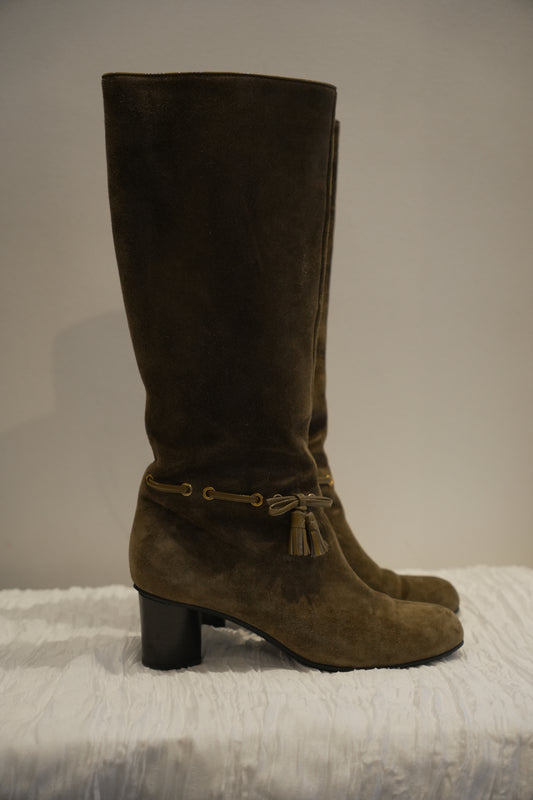 Bally Brown Suede Knee High Boots with Tassel Sz37.5