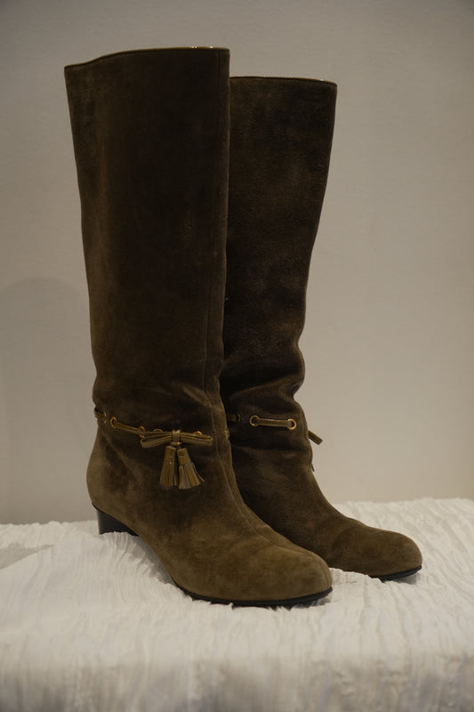 Bally Brown Suede Knee High Boots with Tassel Sz37.5