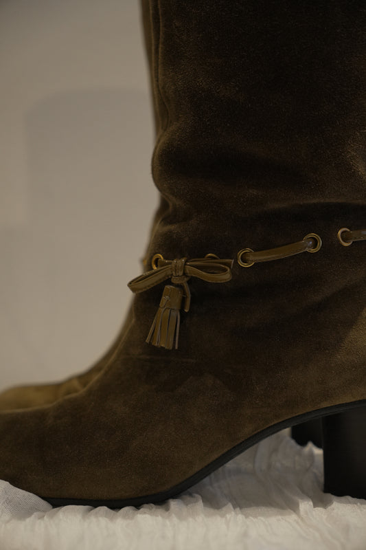 Bally Brown Suede Knee High Boots with Tassel Sz37.5