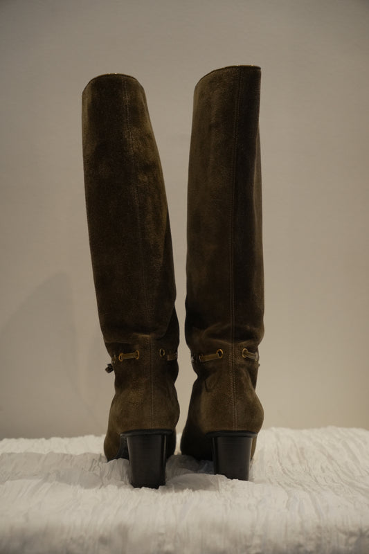 Bally Brown Suede Knee High Boots with Tassel Sz37.5