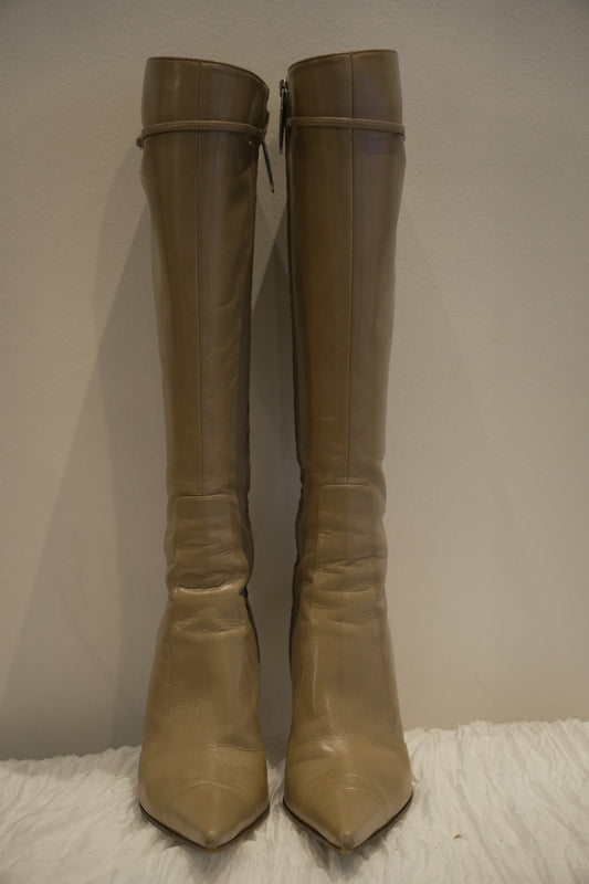 Sergio Rossi Nude Point Toe Knee High Leather Boots Sz36.5