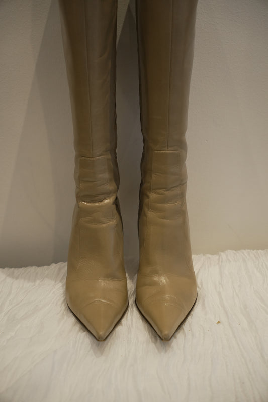 Sergio Rossi Nude Point Toe Knee High Leather Boots Sz36.5