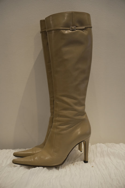 Sergio Rossi Nude Point Toe Knee High Leather Boots Sz36.5